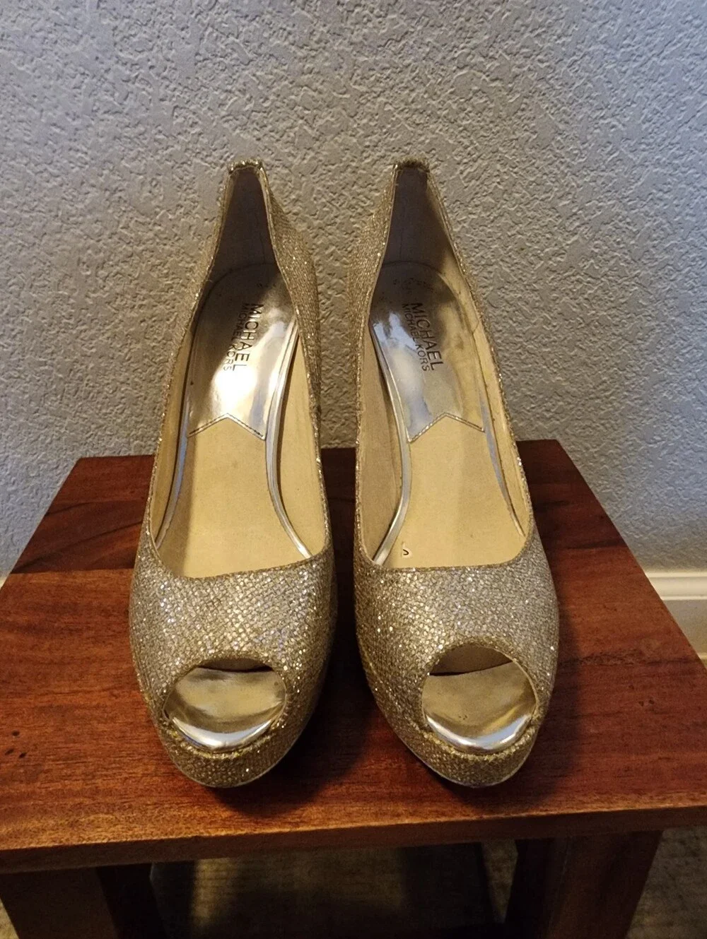 Michael Kors Silver Glitter Peep-Toe Platform Pumps